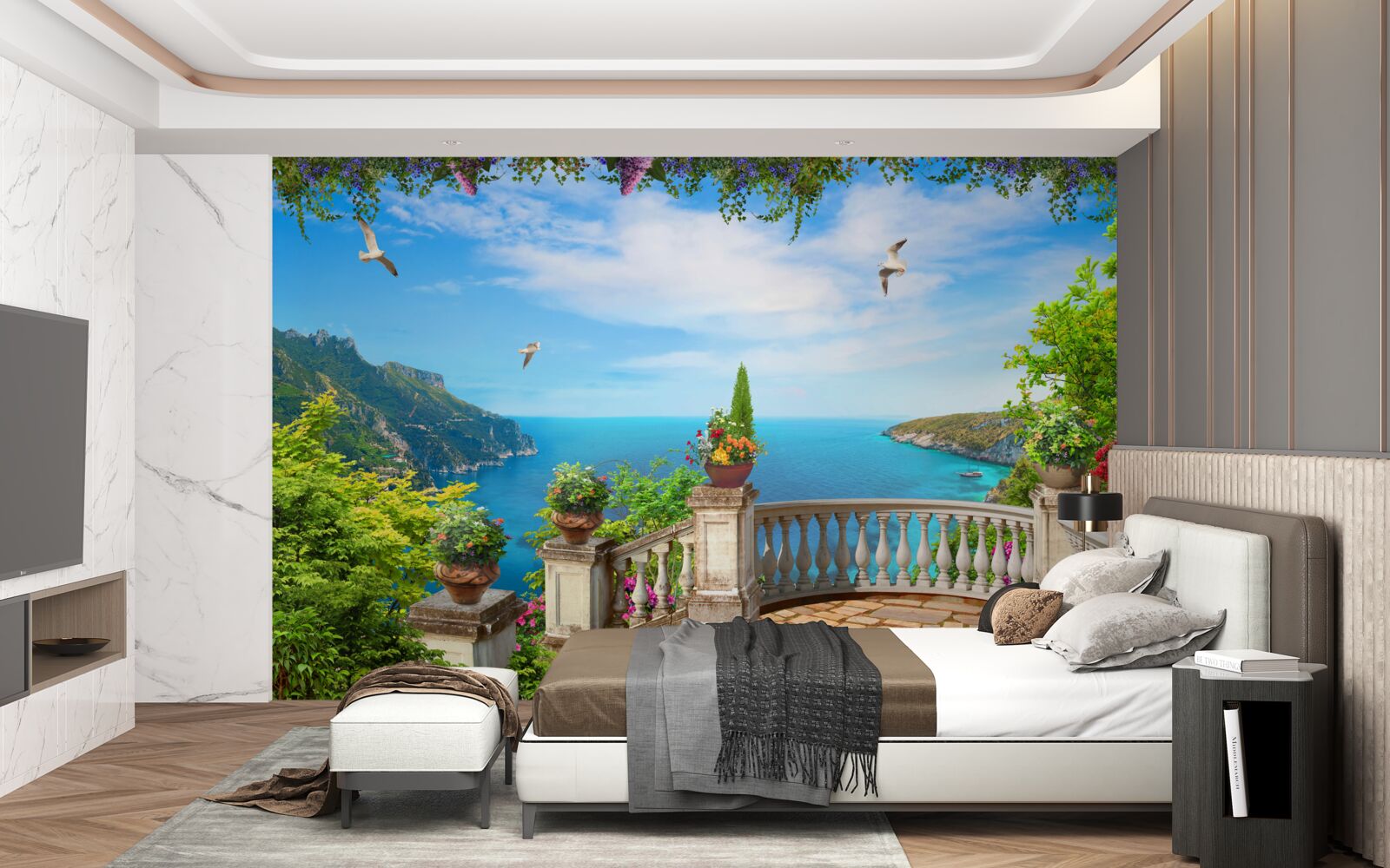 Papier peint balcon confortable avec vue sur les profondeurs de la mer et les sommets des montagnes