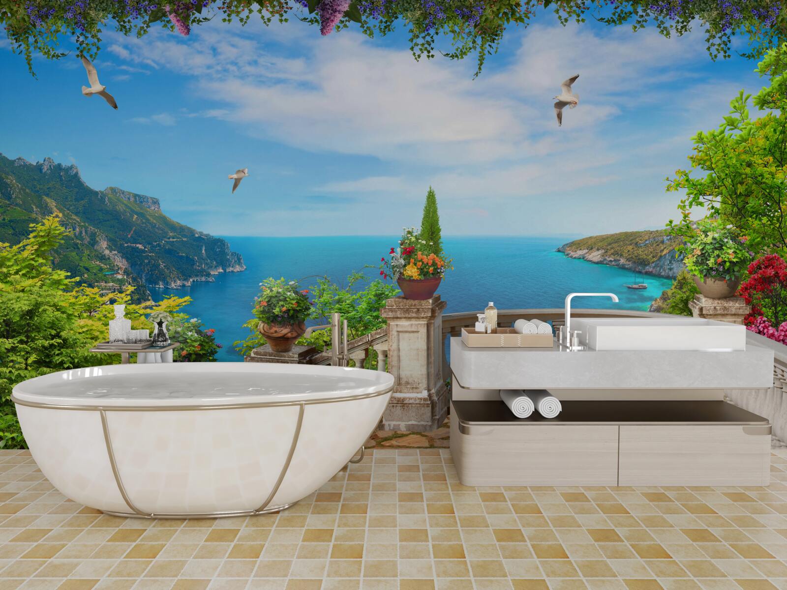 Papier peint balcon confortable avec vue sur les profondeurs de la mer et les sommets des montagnes