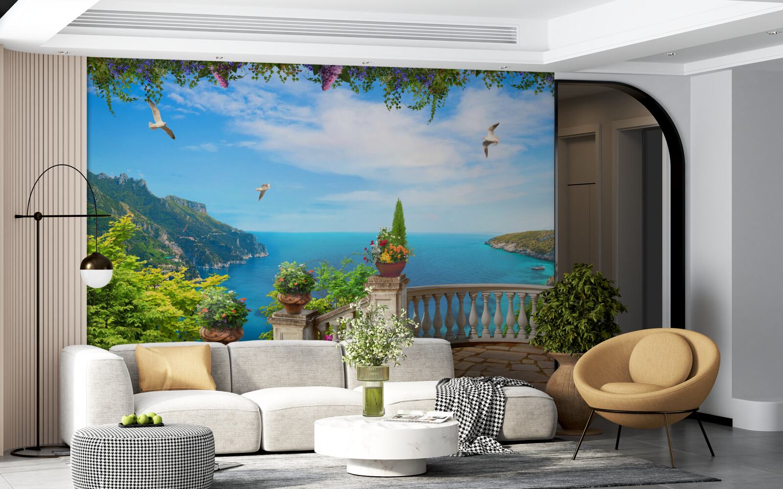 Papier peint balcon confortable avec vue sur les profondeurs de la mer et les sommets des montagnes