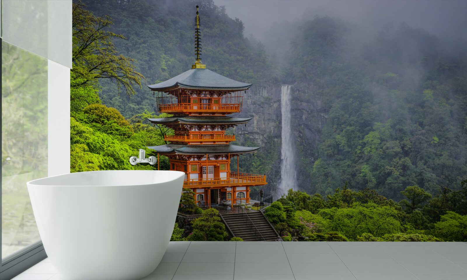 Papier peint Pagode japonaise près d'une cascade