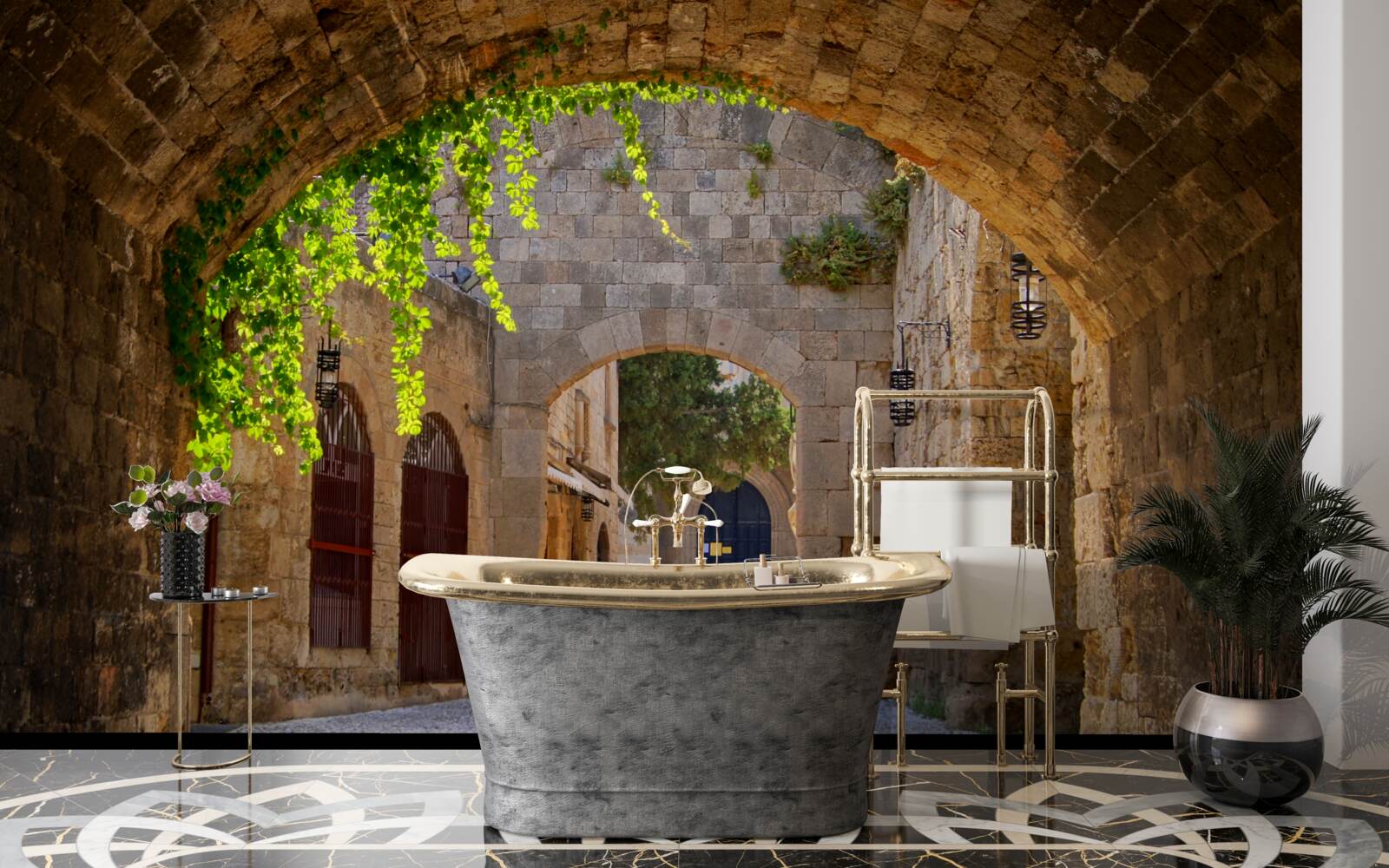 Papier peint la vieille ville est ornée d'un arc en pierre