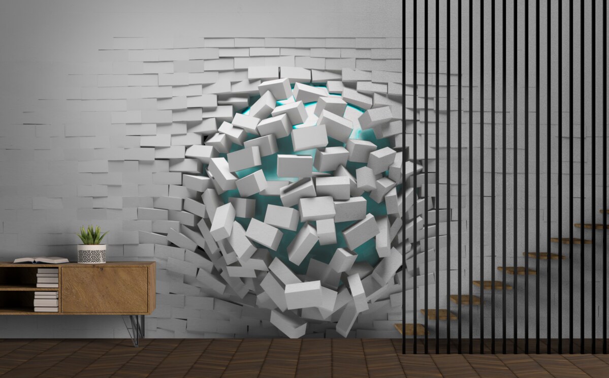 Papier peint trou colossal dans un mur de briques