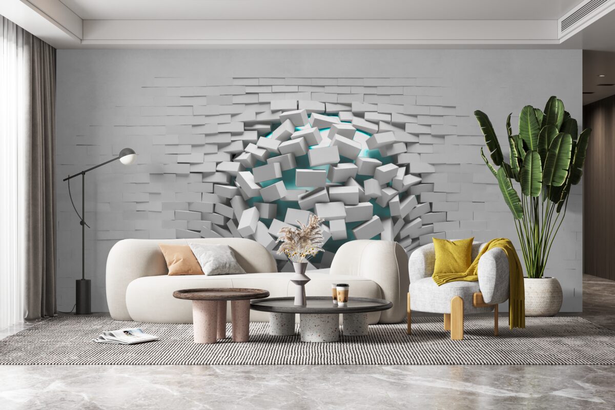 Papier peint trou colossal dans un mur de briques