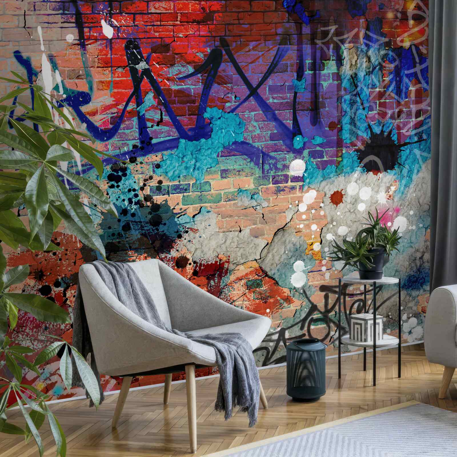 Papier peint graffiti multicolore sur un mur de briques rouges