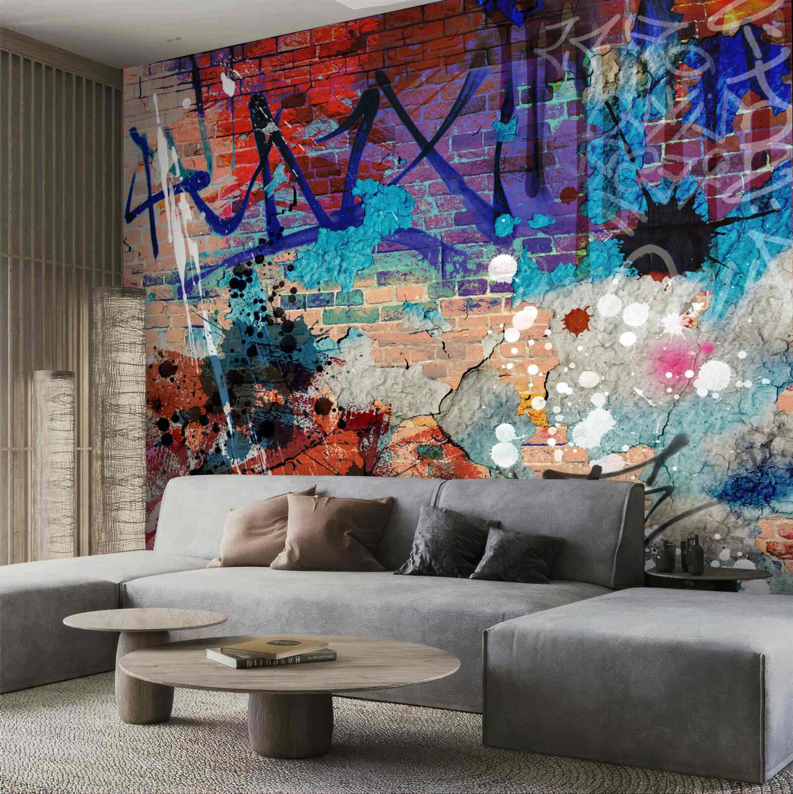 Papier peint graffiti multicolore sur un mur de briques rouges