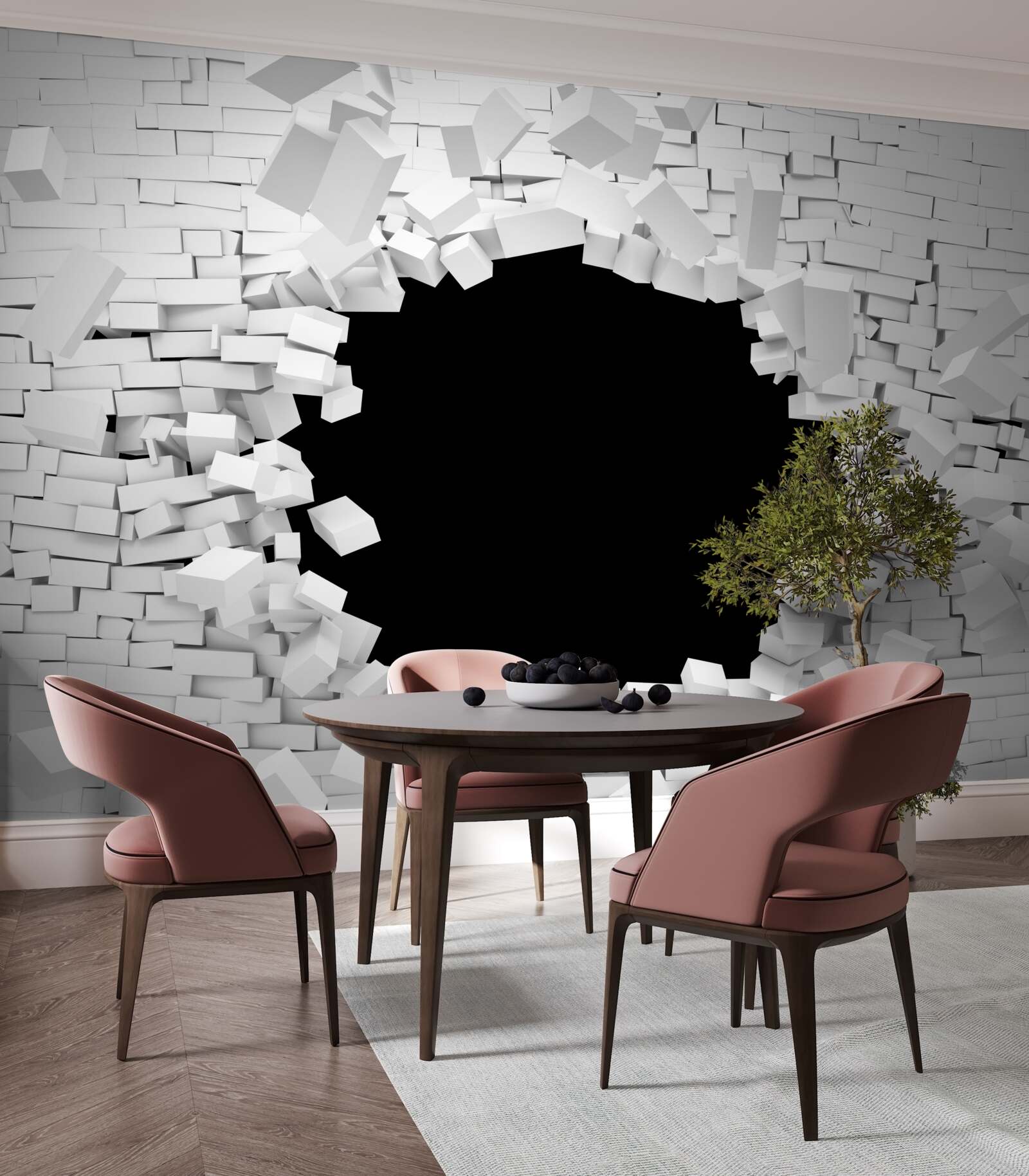 Papier peint trou sombre dans un mur de briques claires