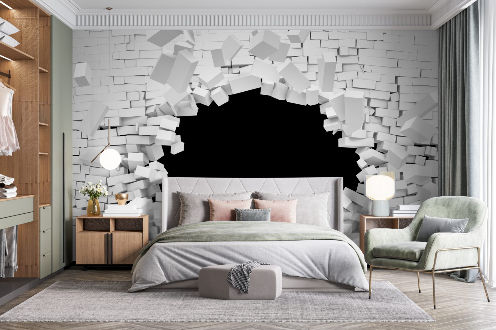 Papier peint trou sombre dans un mur de briques claires