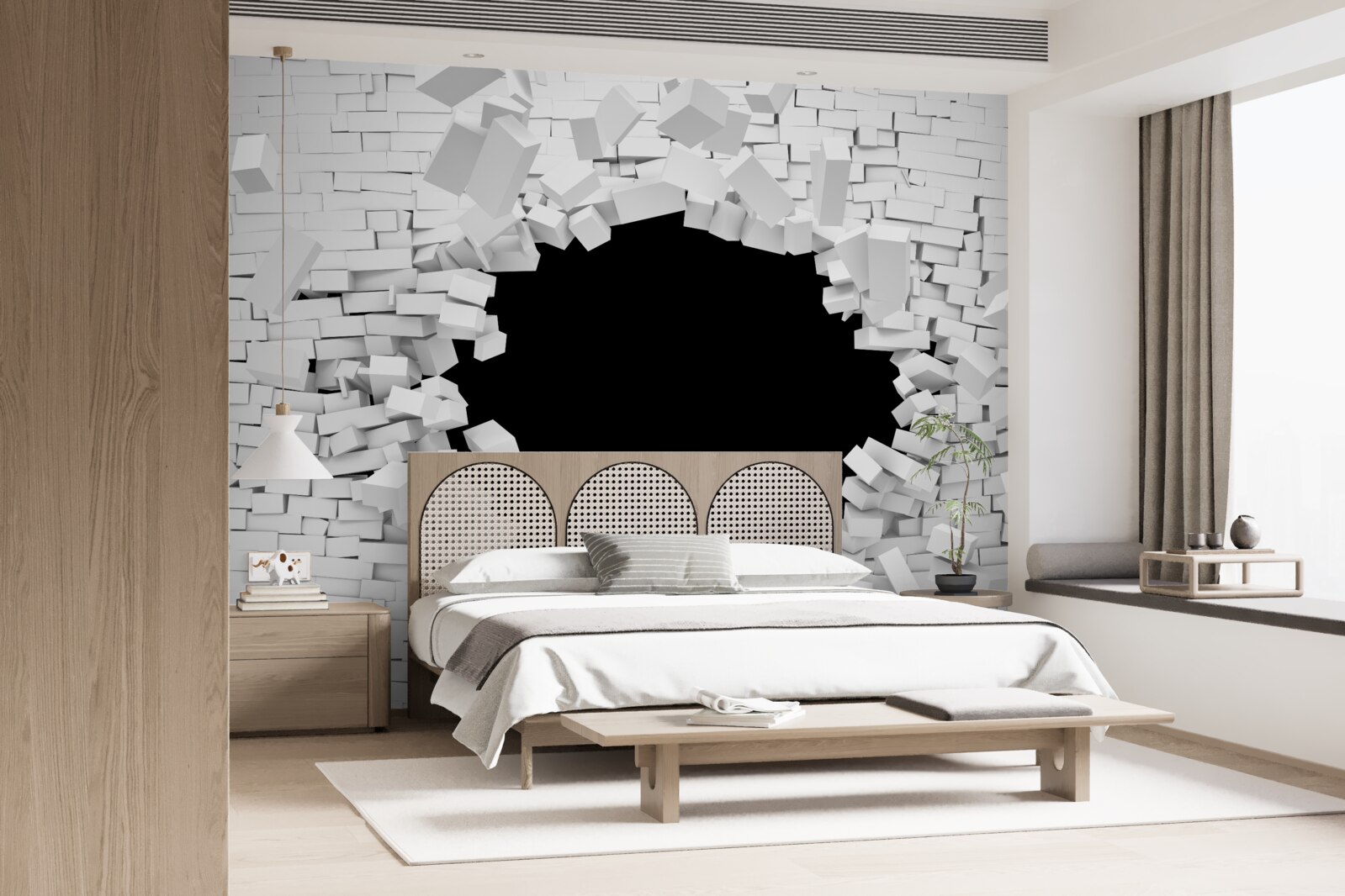 Papier peint trou sombre dans un mur de briques claires