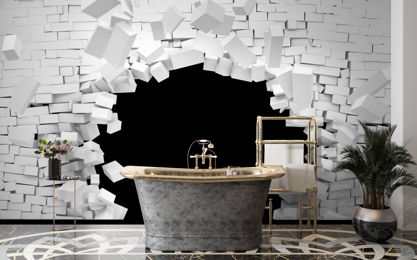 Papier peint trou sombre dans un mur de briques claires