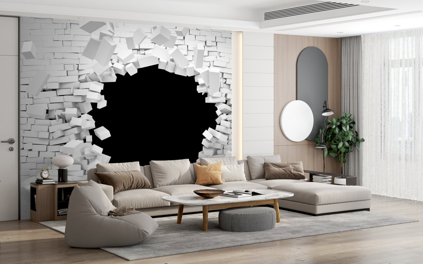 Papier peint trou sombre dans un mur de briques claires