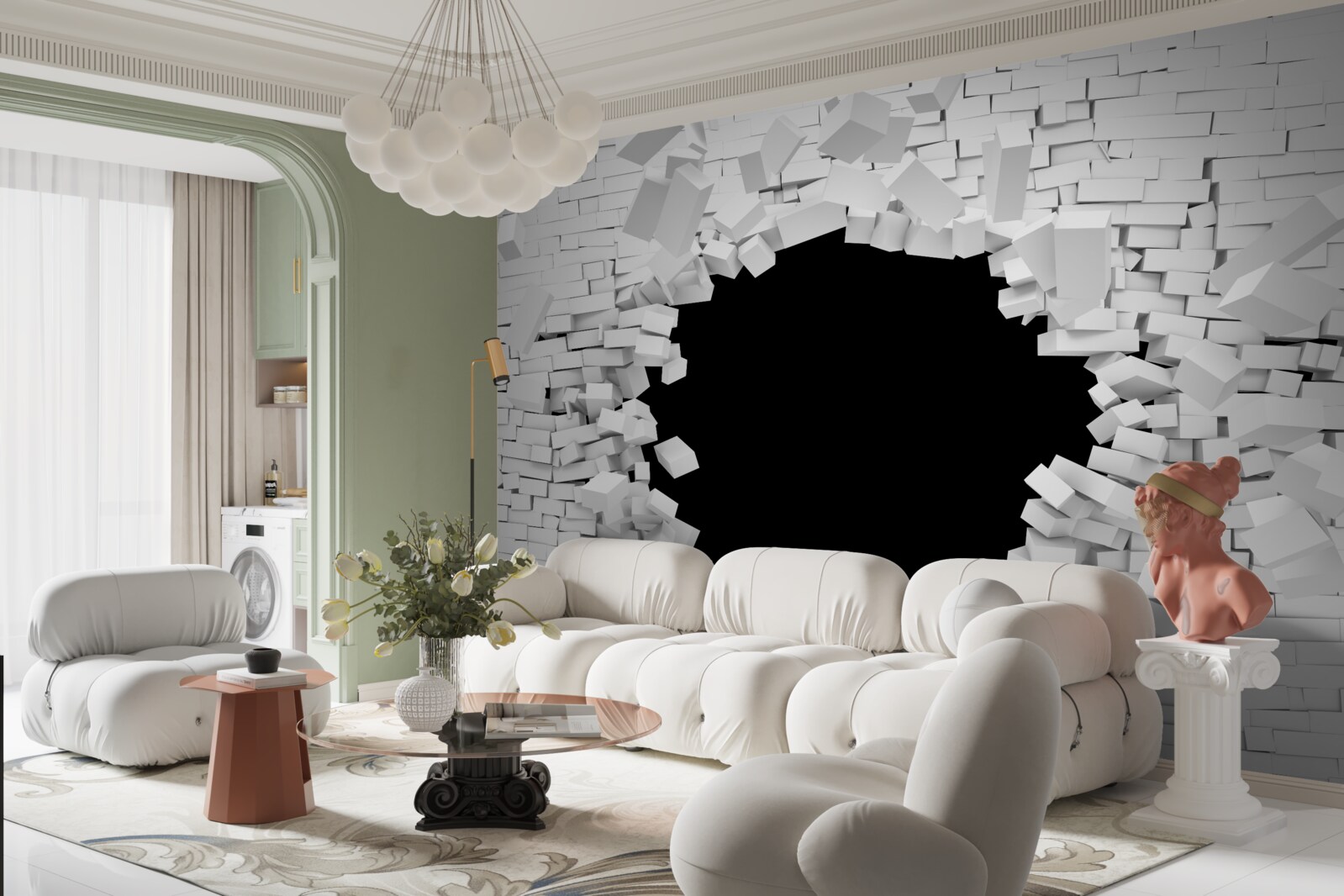 Papier peint trou sombre dans un mur de briques claires