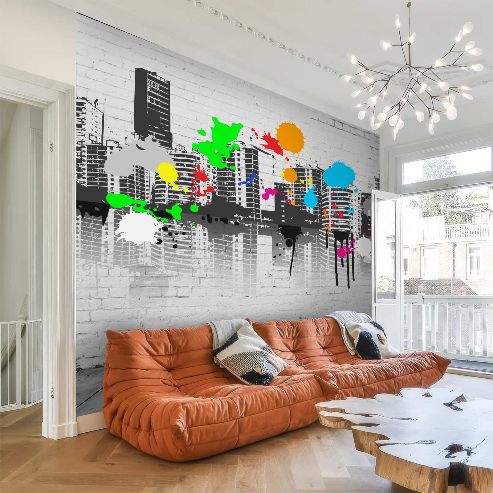 Papier peint des maisons décorées de graffitis lumineux