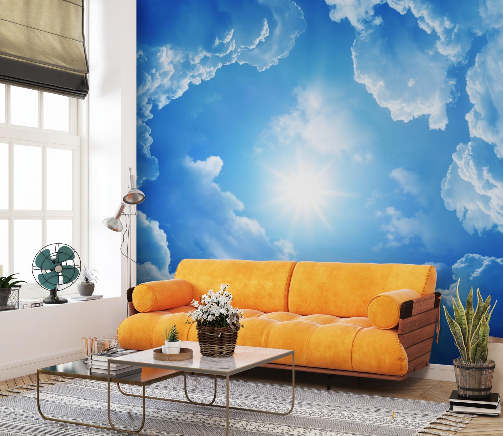 Papier peint Le soleil brille au milieu d'un ciel d'azur