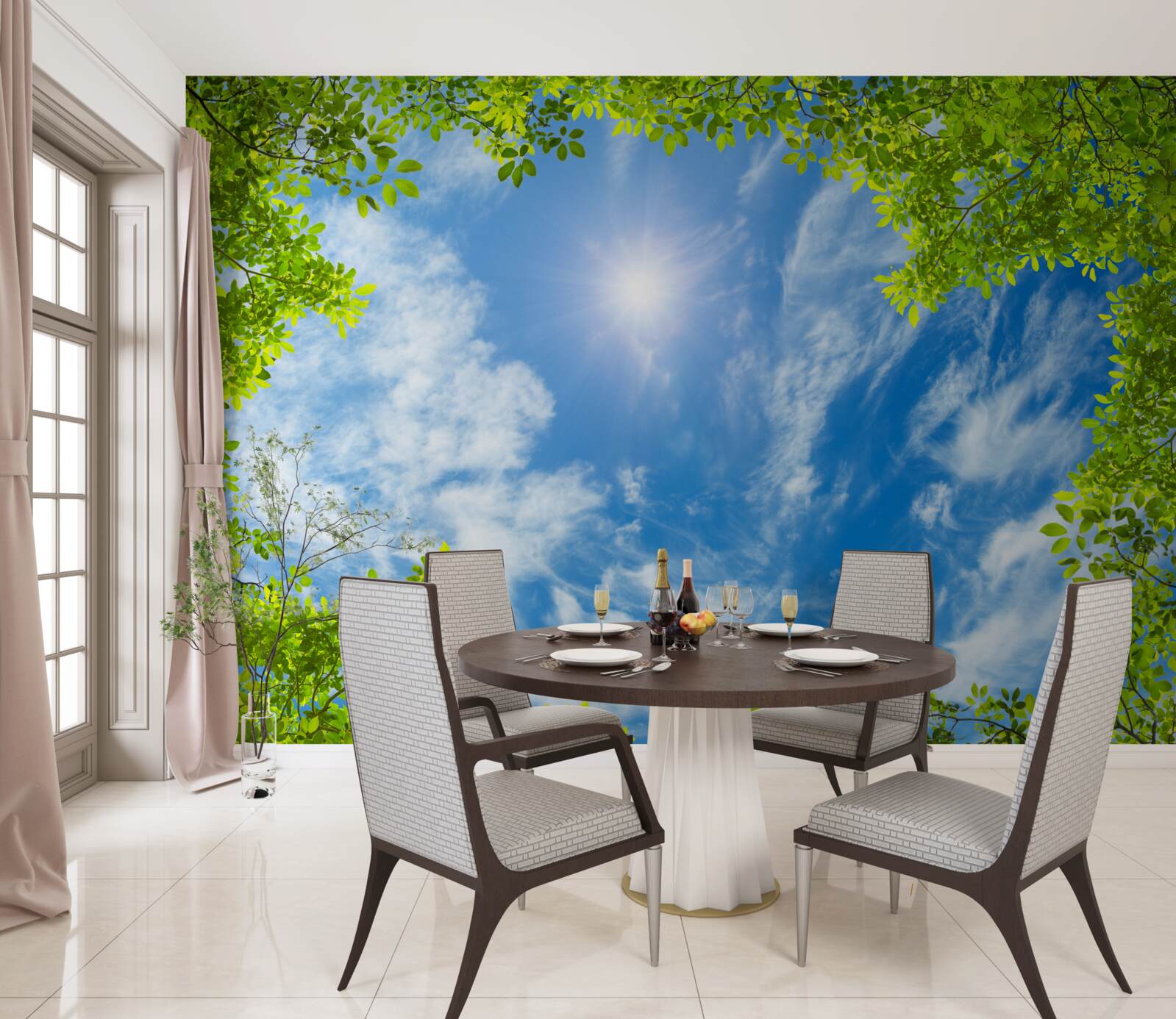 Papier peint le vert dans lequel le soleil est enfoui et le bleu du ciel