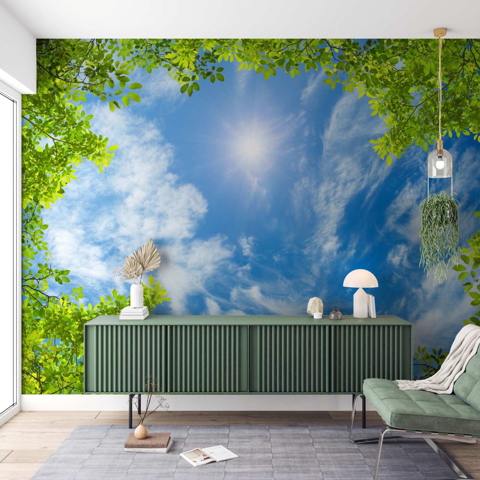 Papier peint le vert dans lequel le soleil est enfoui et le bleu du ciel