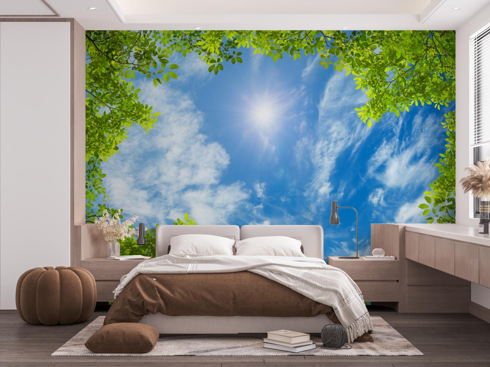 Papier peint le vert dans lequel le soleil est enfoui et le bleu du ciel