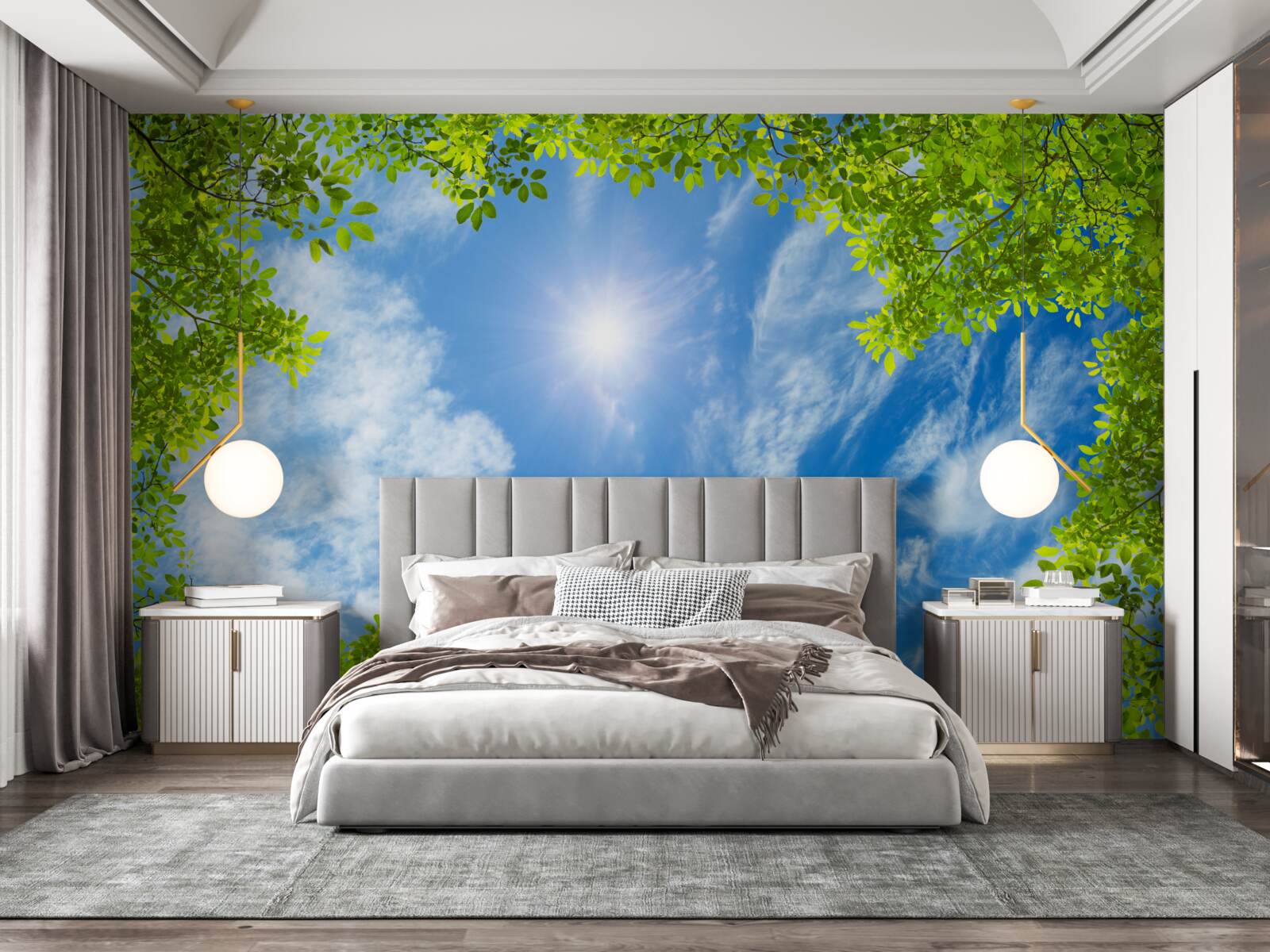 Papier peint le vert dans lequel le soleil est enfoui et le bleu du ciel