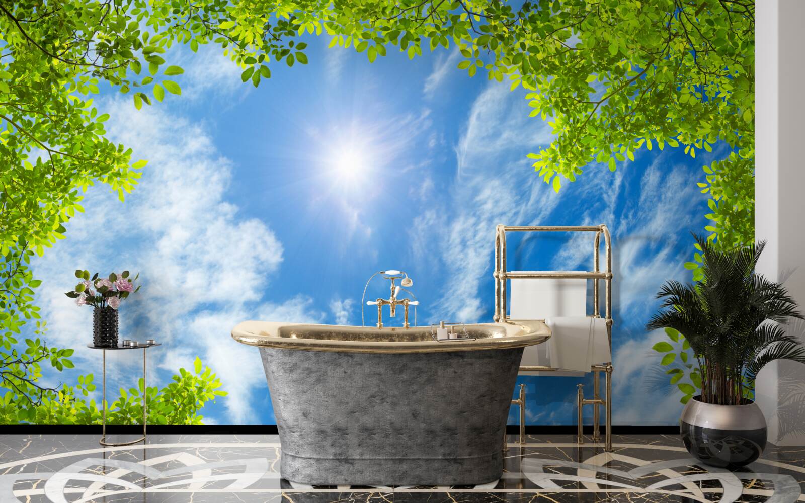 Papier peint le vert dans lequel le soleil est enfoui et le bleu du ciel