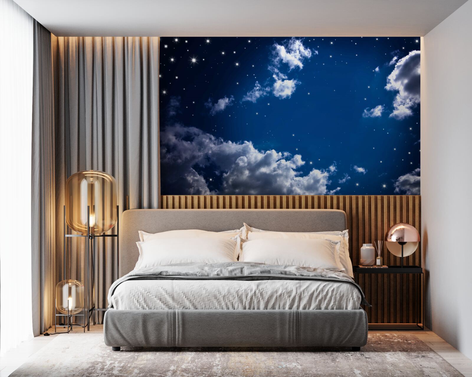 Papier peint le ciel nocturne brille de nuages et d'étoiles