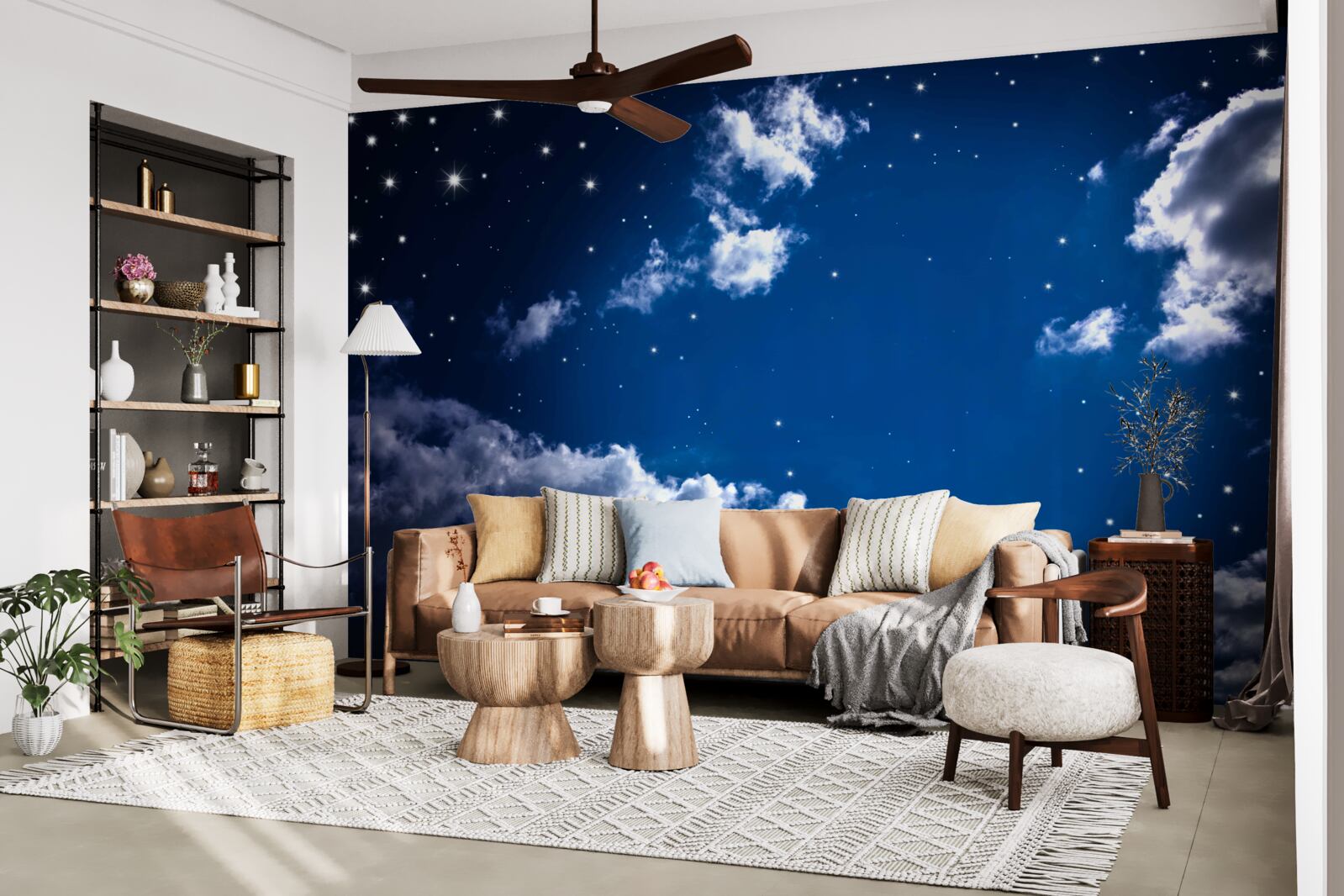 Papier peint le ciel nocturne brille de nuages et d'étoiles