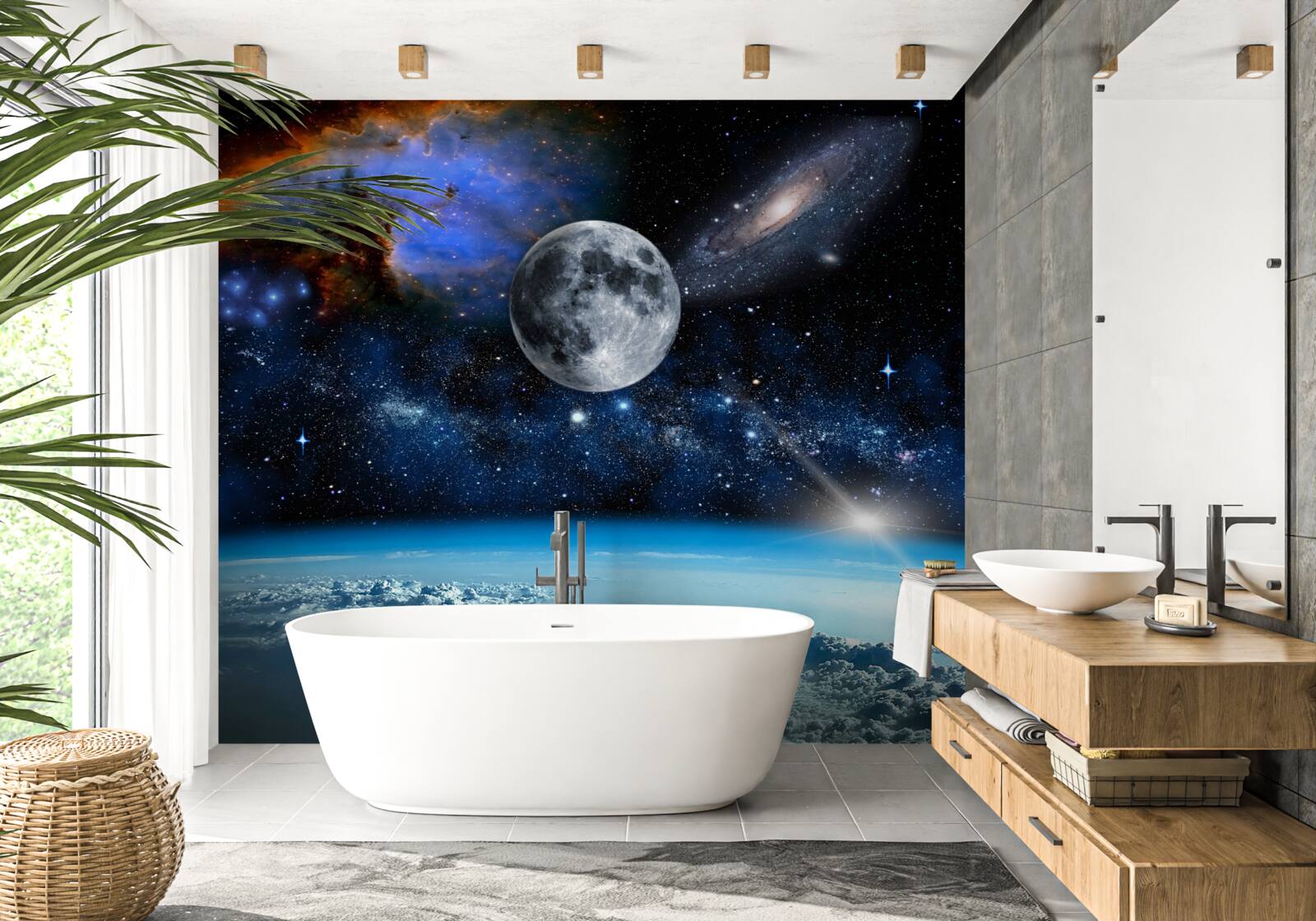 Papier peint la lune et l'univers sont au-dessus des nuages