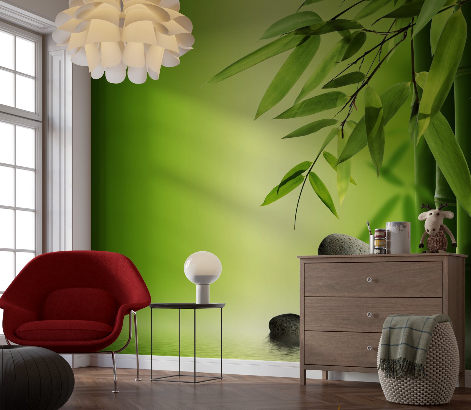 Papier peint bambou vert et pierres thermales