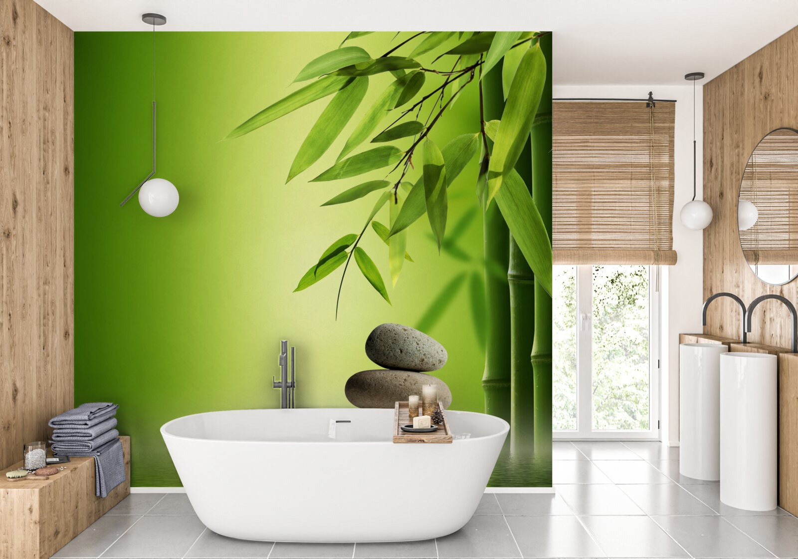 Papier peint bambou vert et pierres thermales