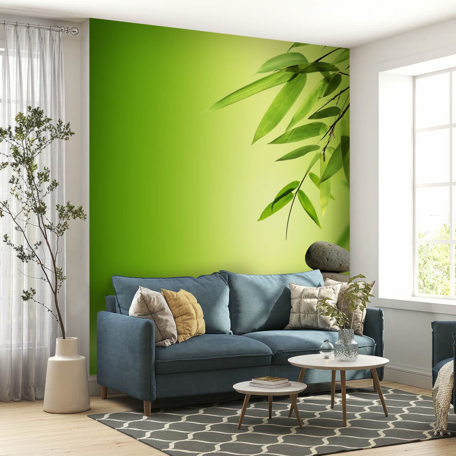 Papier peint bambou vert et pierres thermales