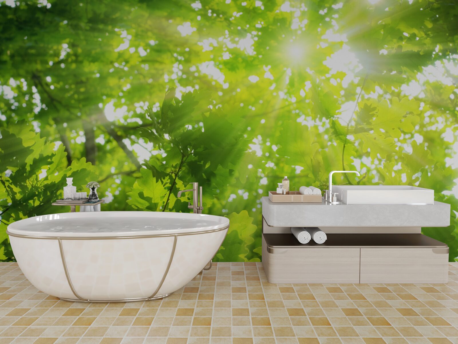 Papier peint des rayons de soleil traversant le maquis vert