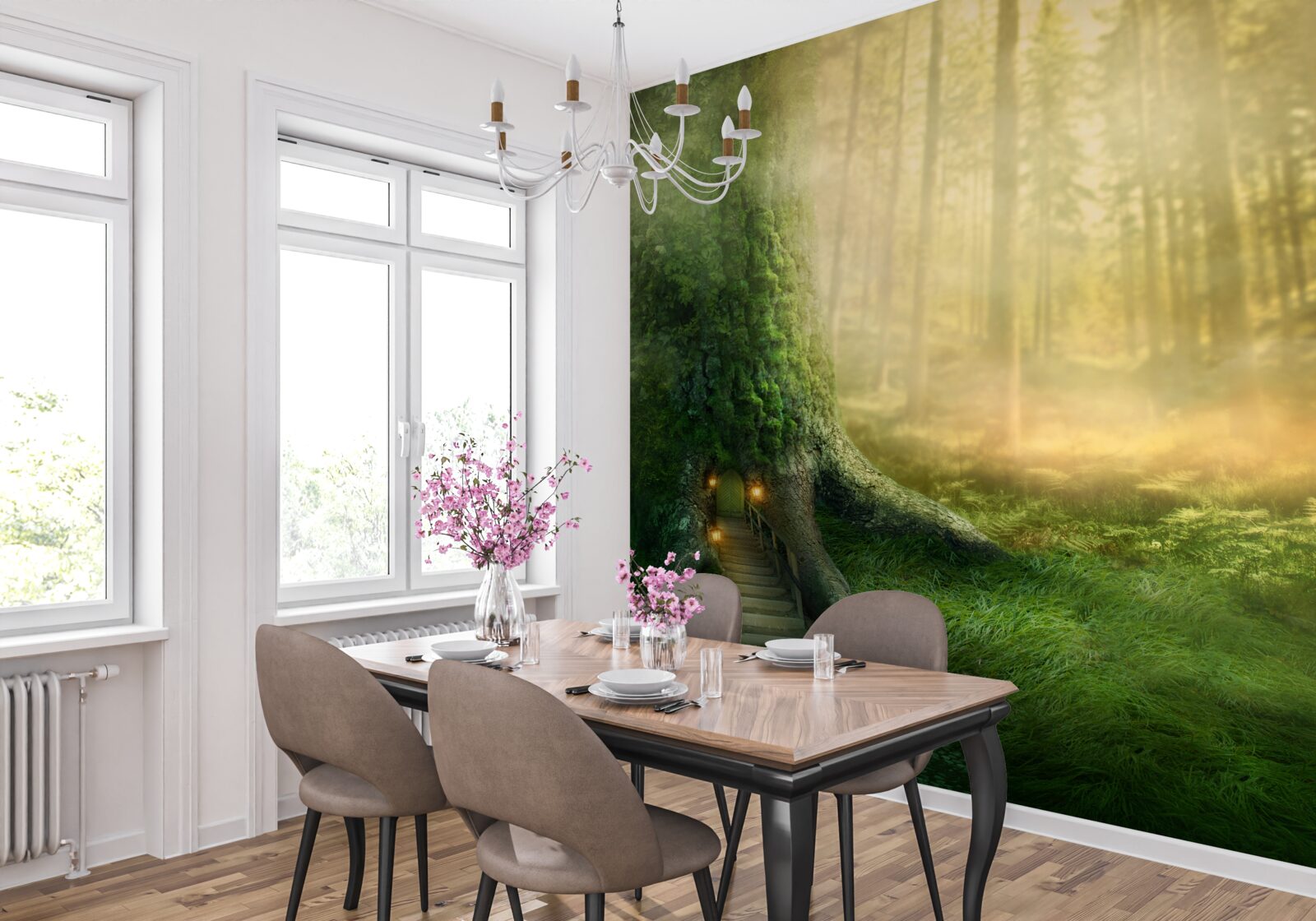 Papier peint la forêt verte est enveloppée d'un épais brouillard