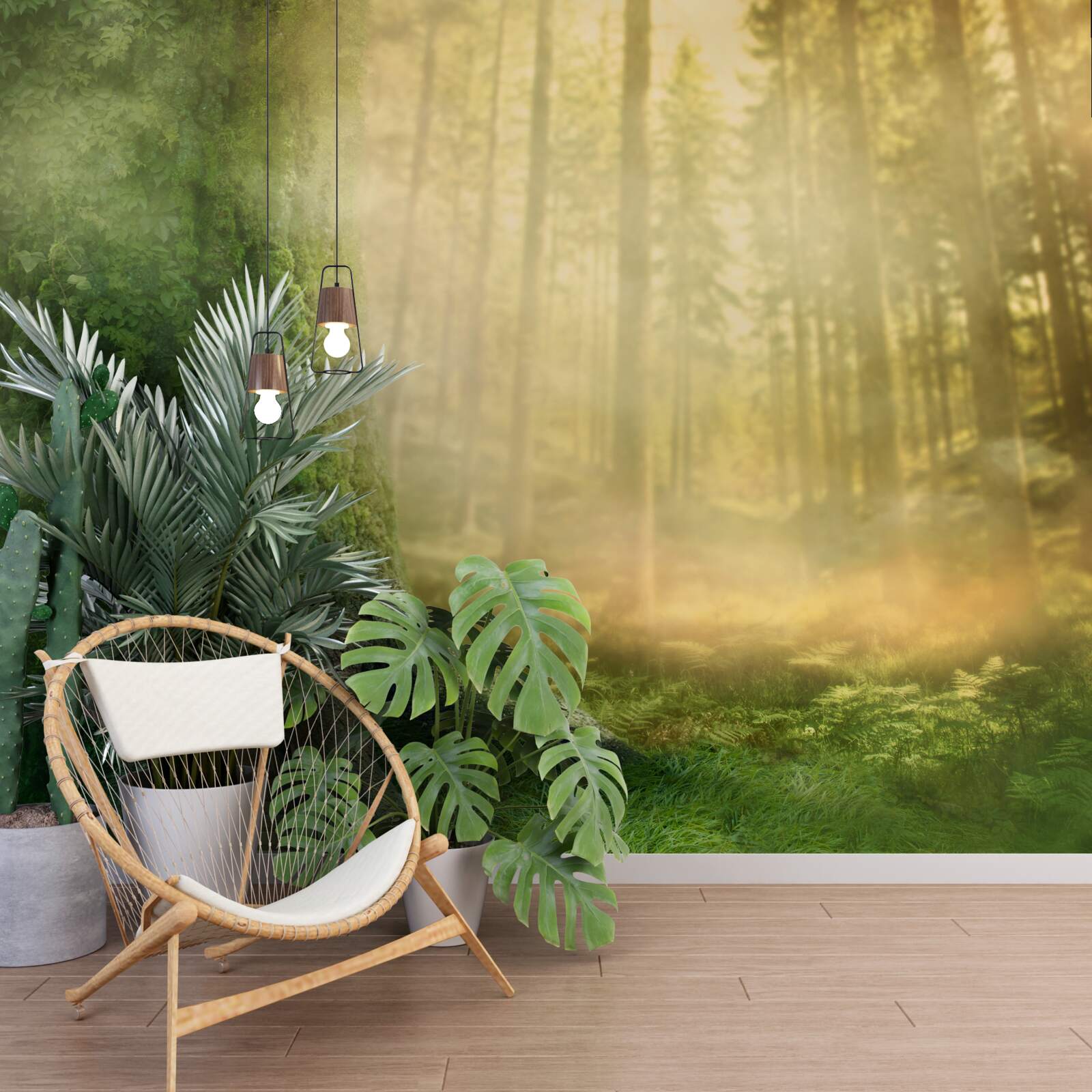 Papier peint la forêt verte est enveloppée d'un épais brouillard