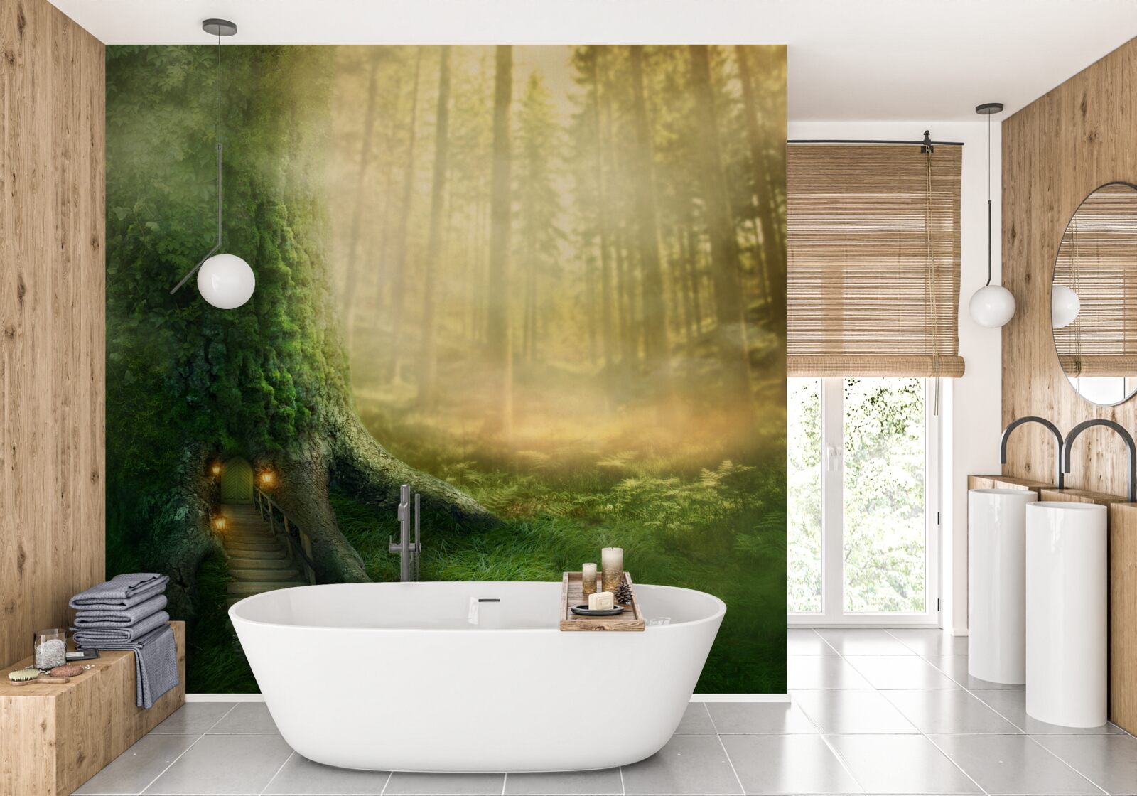 Papier peint la forêt verte est enveloppée d'un épais brouillard