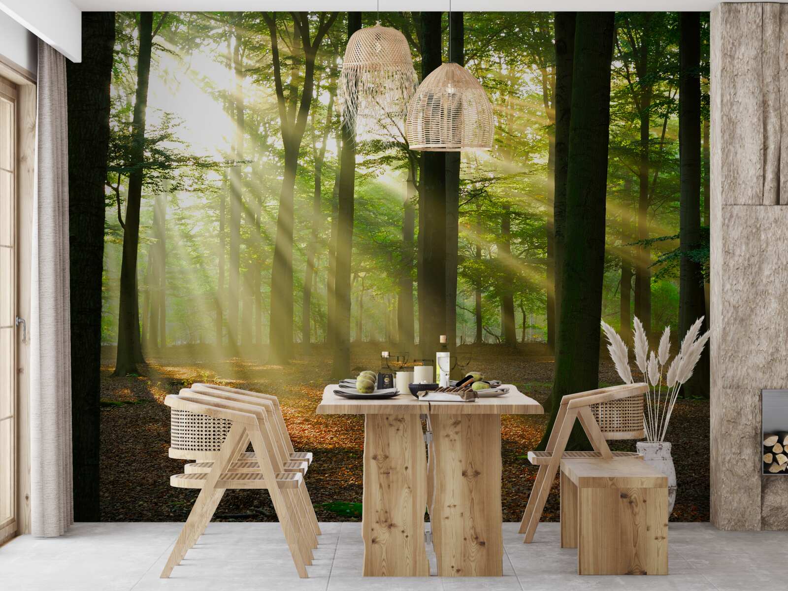 Papier peint les rayons du soleil pénètrent la brume matinale dans le désert