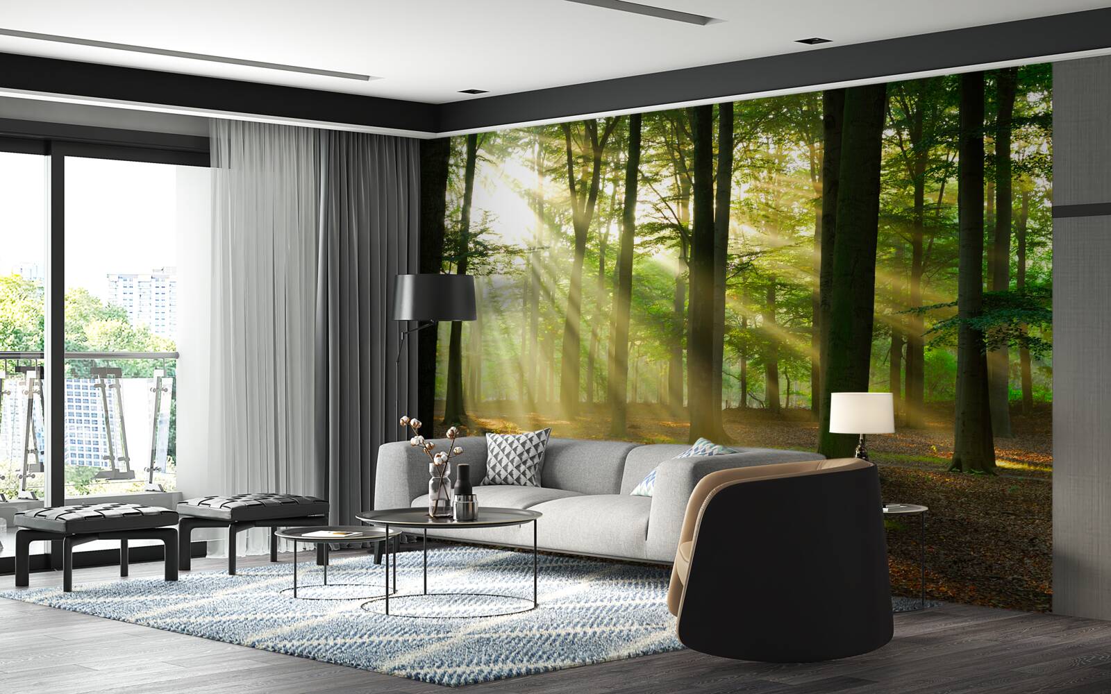 Papier peint les rayons du soleil pénètrent la brume matinale dans le désert