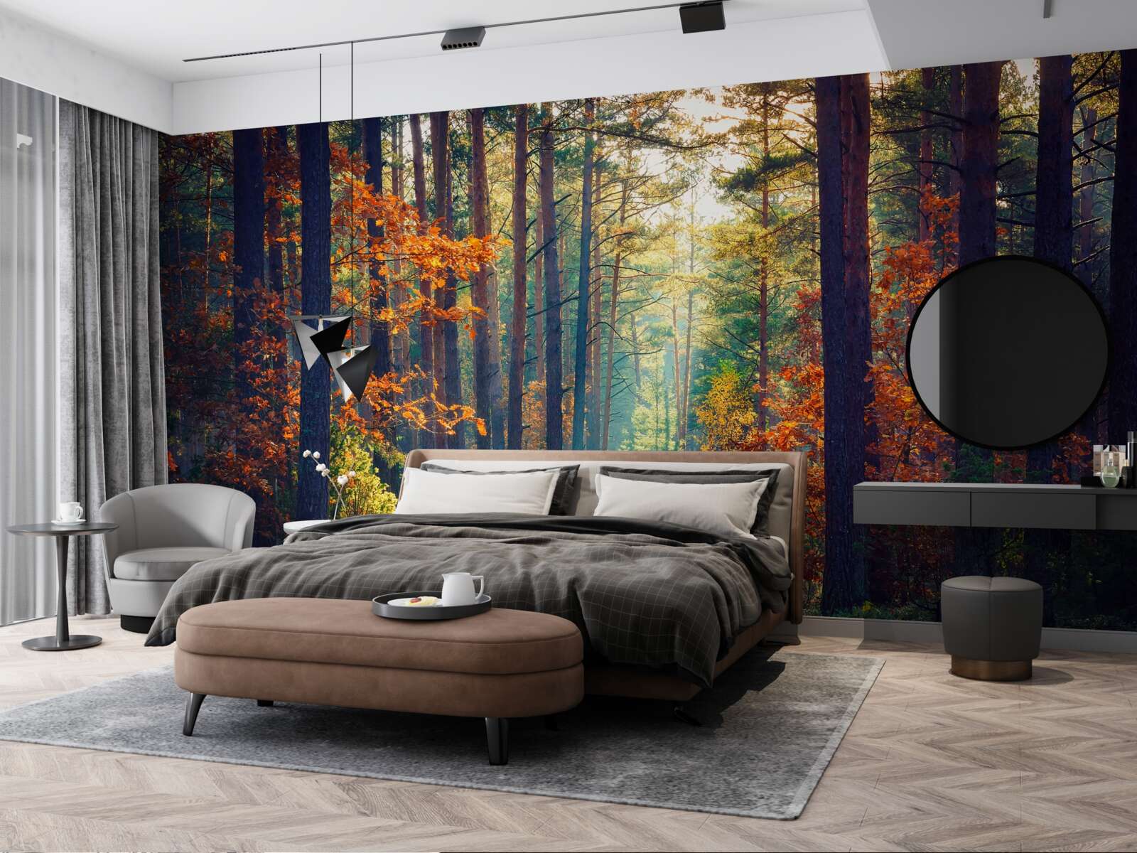 Papier peint Un rayon de soleil dans une forêt d'automne