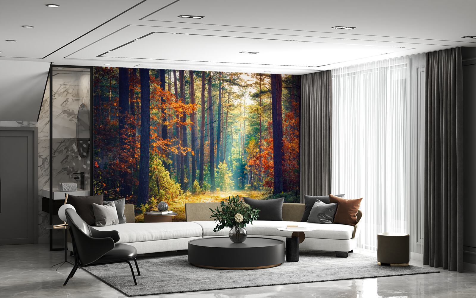 Papier peint Un rayon de soleil dans une forêt d'automne