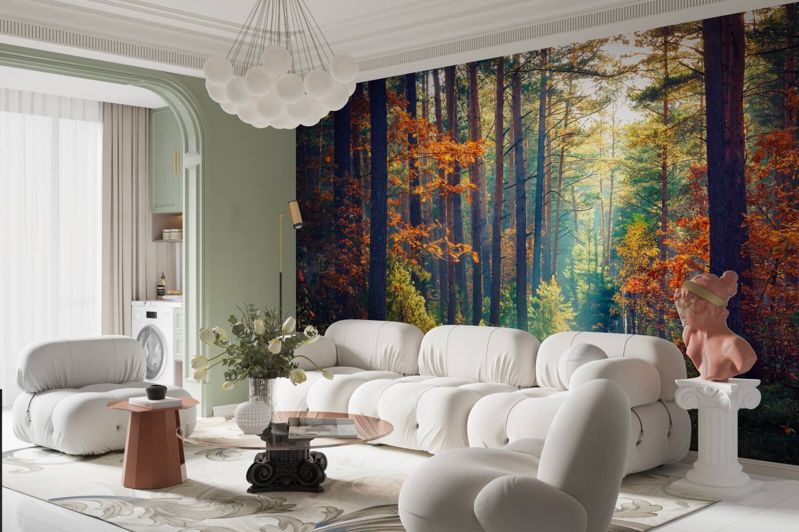 Papier peint Un rayon de soleil dans une forêt d'automne