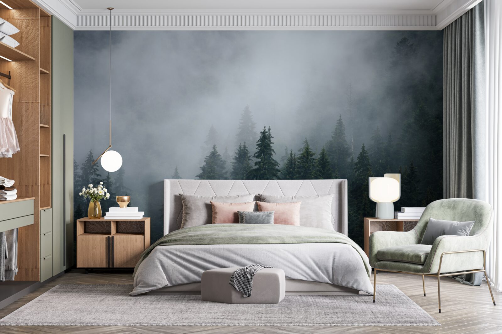 Papier peint la brume s'abat sur un bosquet d'épicéas