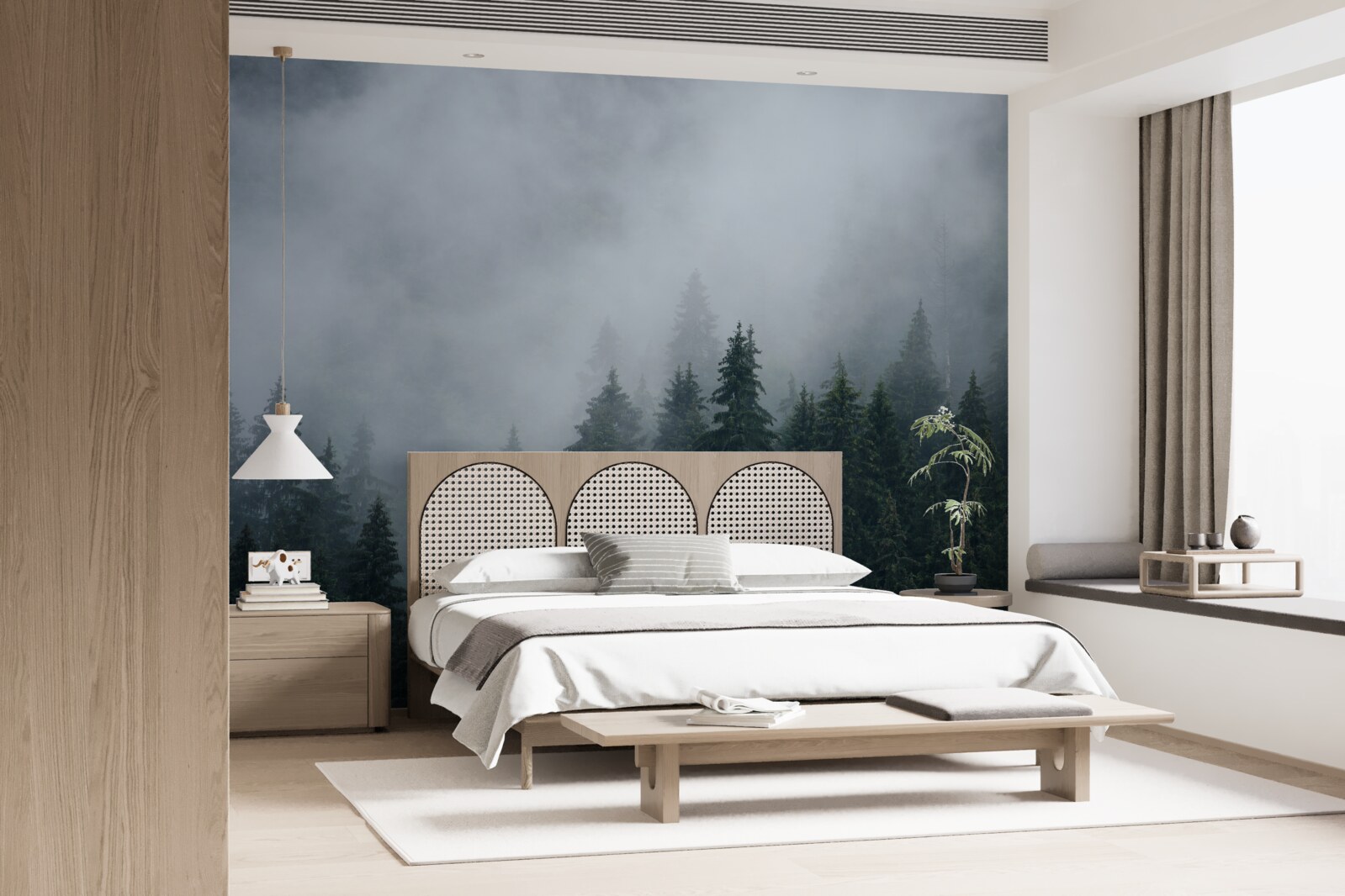 Papier peint la brume s'abat sur un bosquet d'épicéas