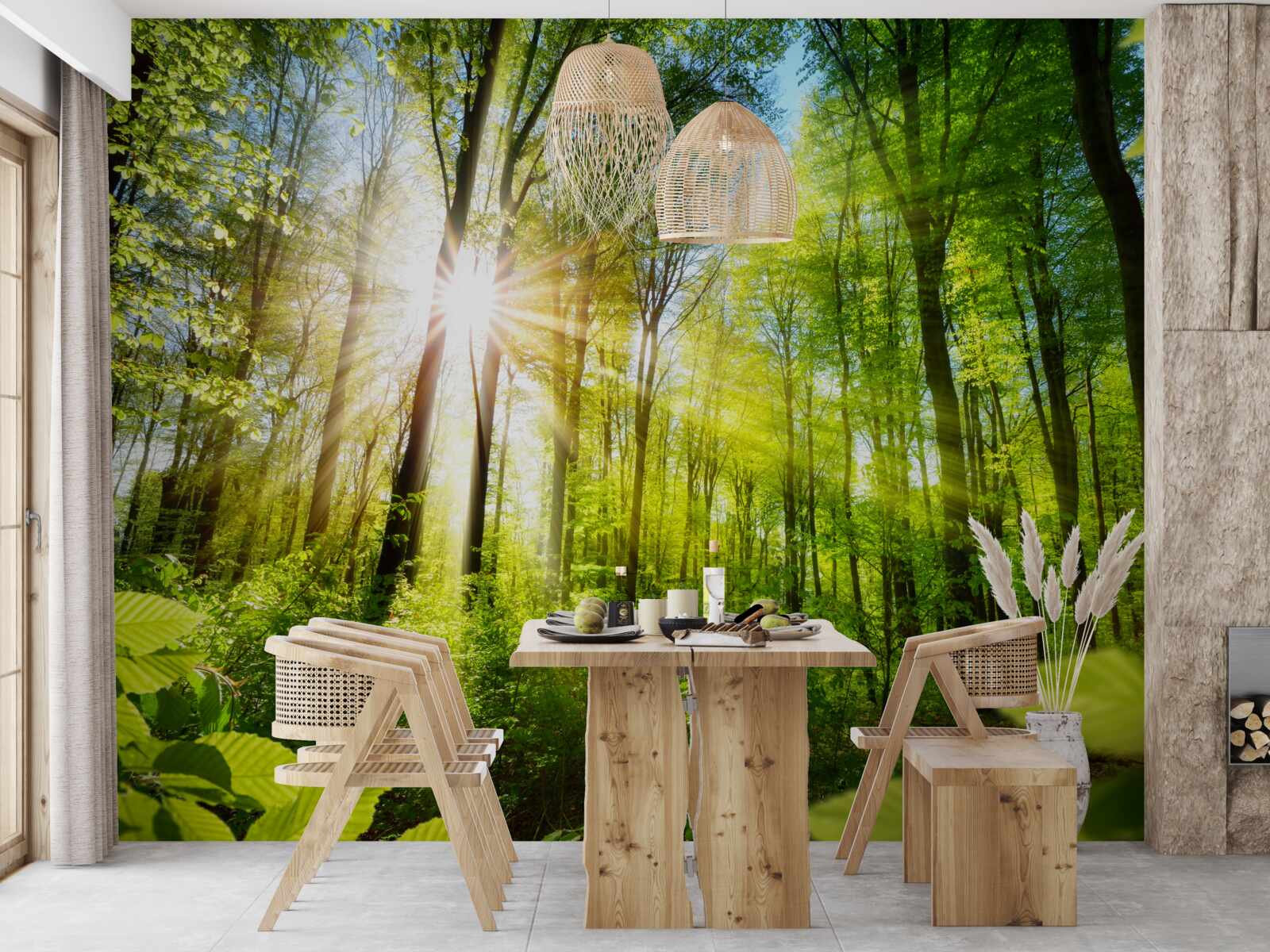 Papier peint soleil matinal dans une forêt verdoyante