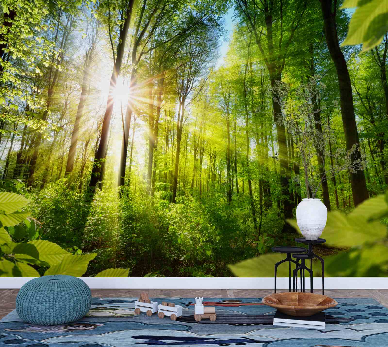 Papier peint soleil matinal dans une forêt verdoyante