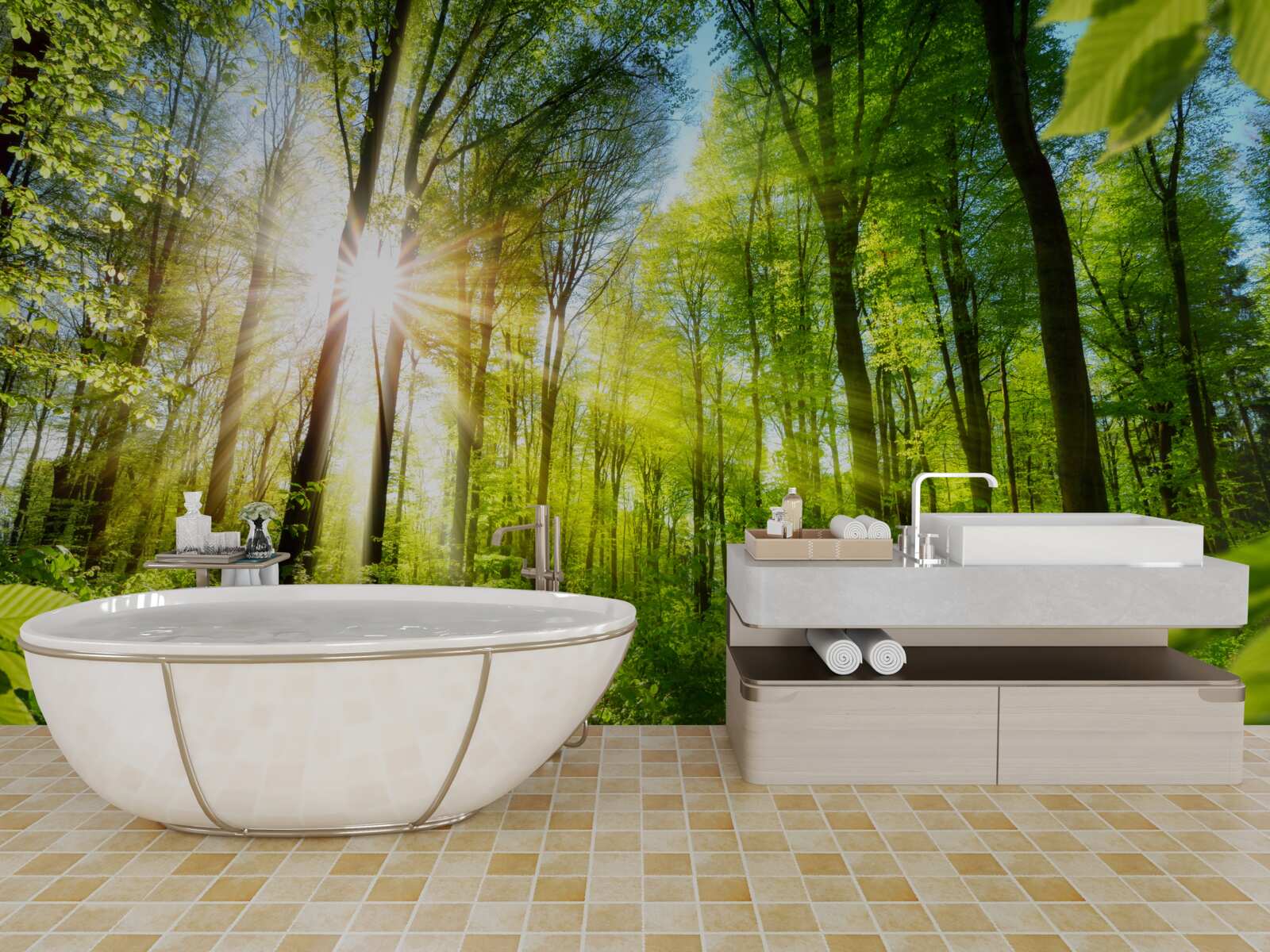 Papier peint soleil matinal dans une forêt verdoyante