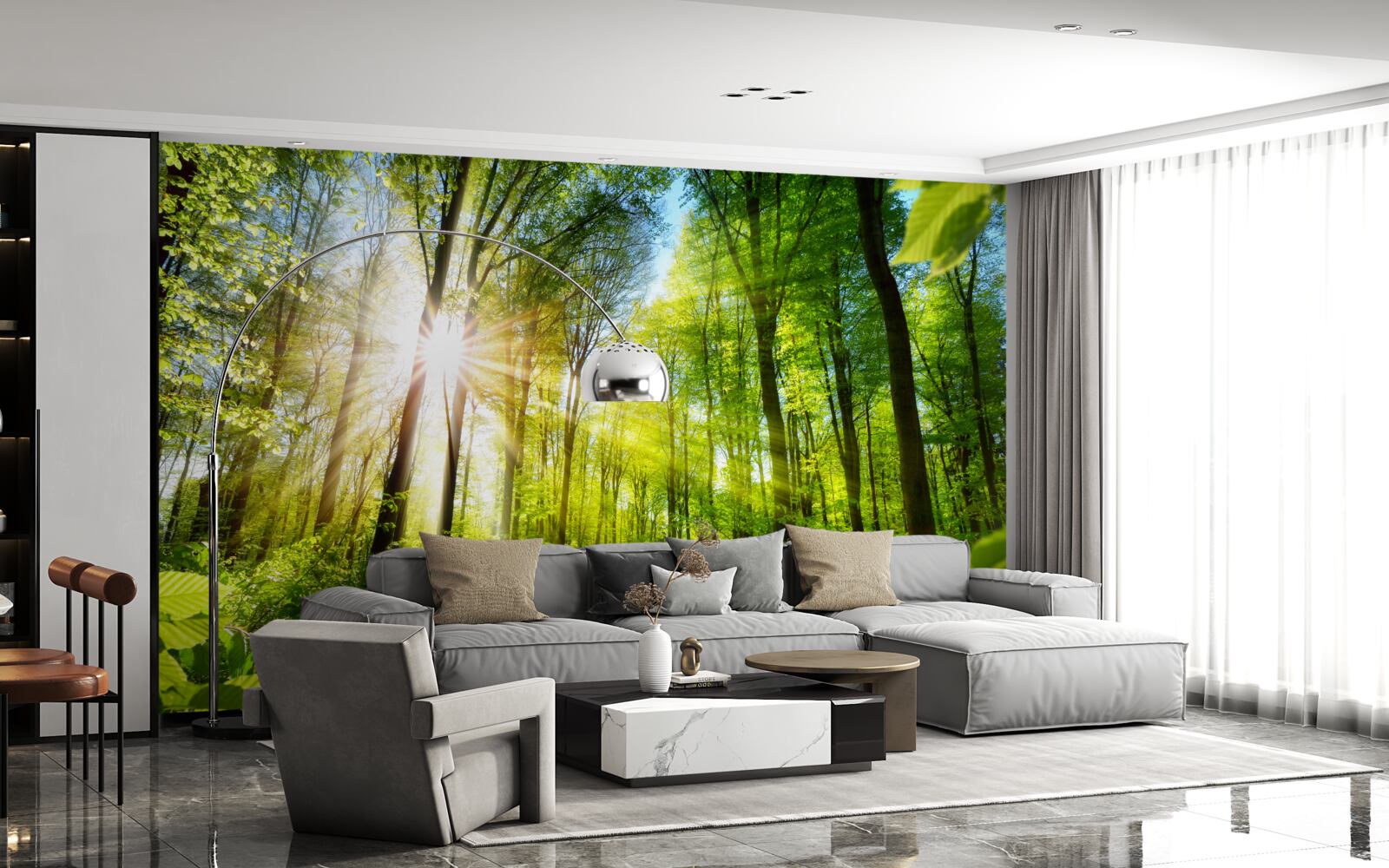 Papier peint soleil matinal dans une forêt verdoyante