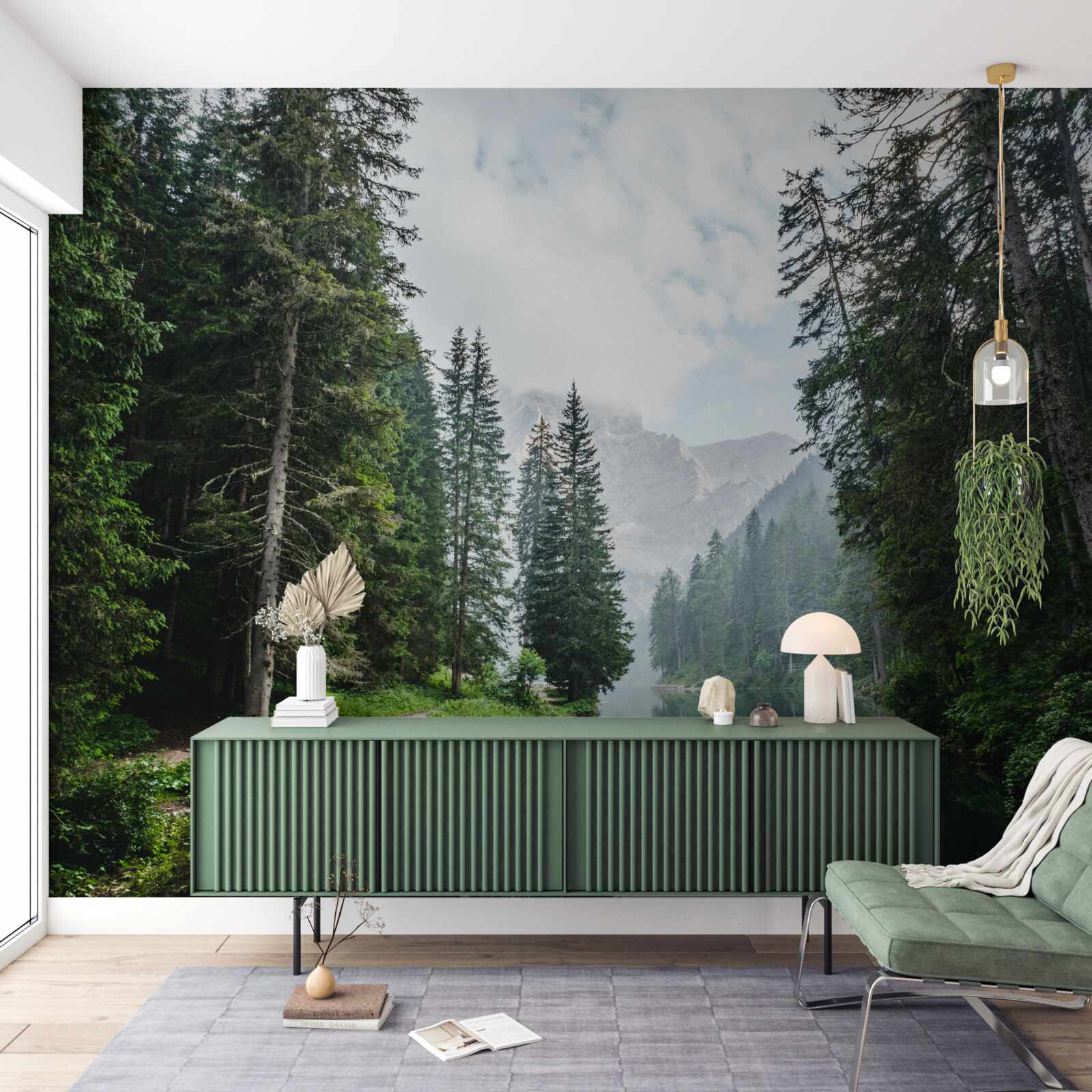 Papier peint un étang paisible dans une pinède