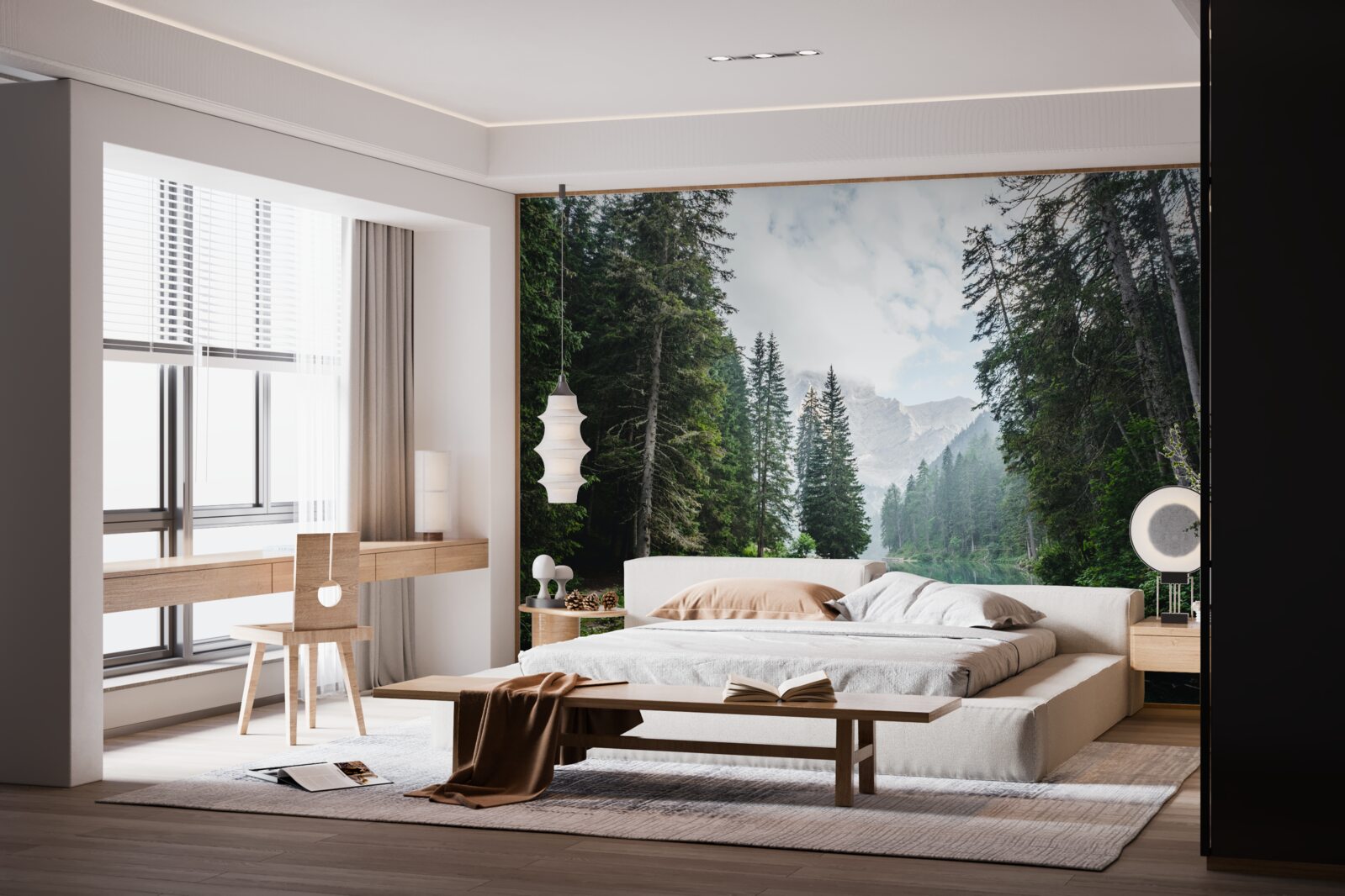 Papier peint un étang paisible dans une pinède