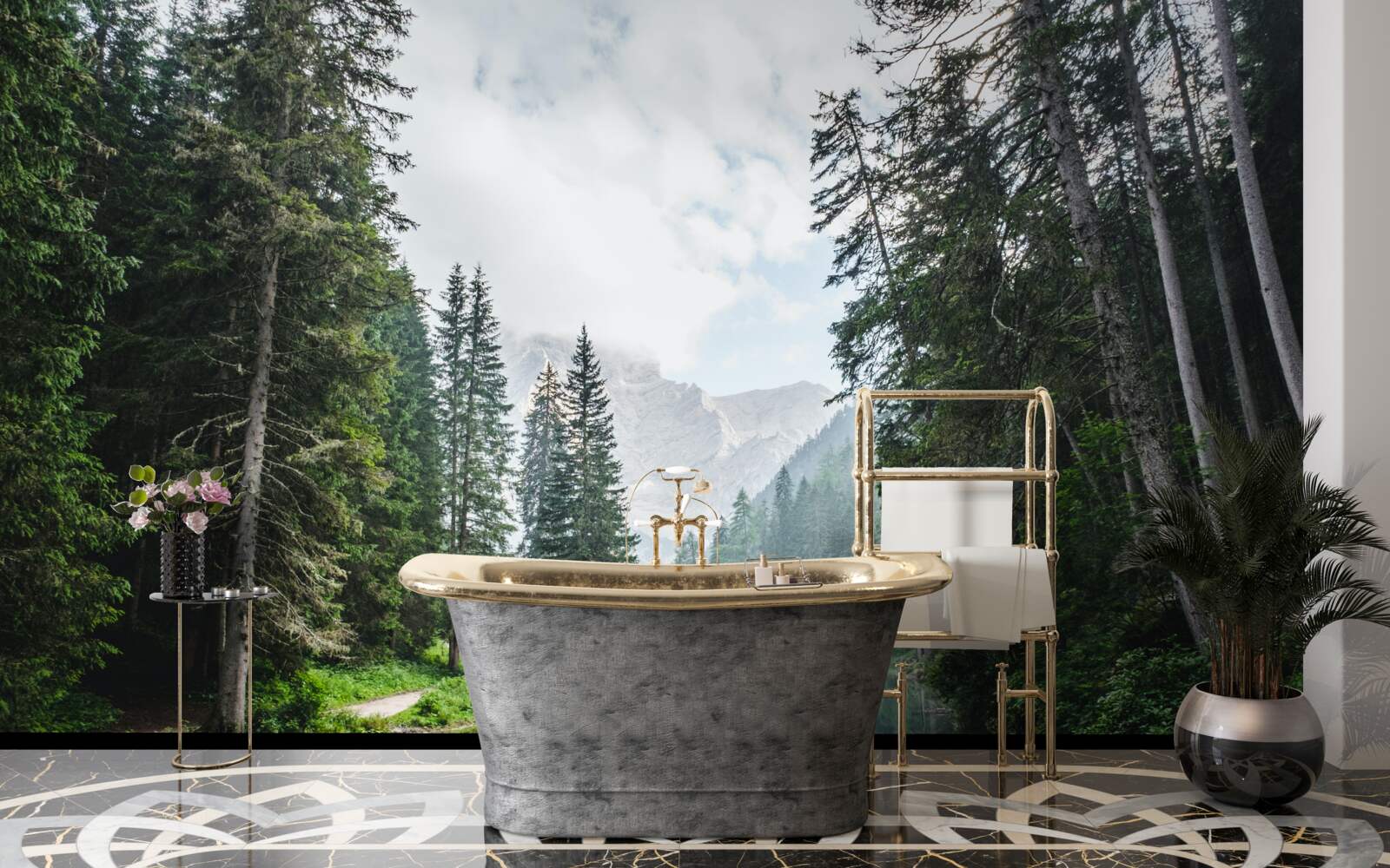 Papier peint un étang paisible dans une pinède