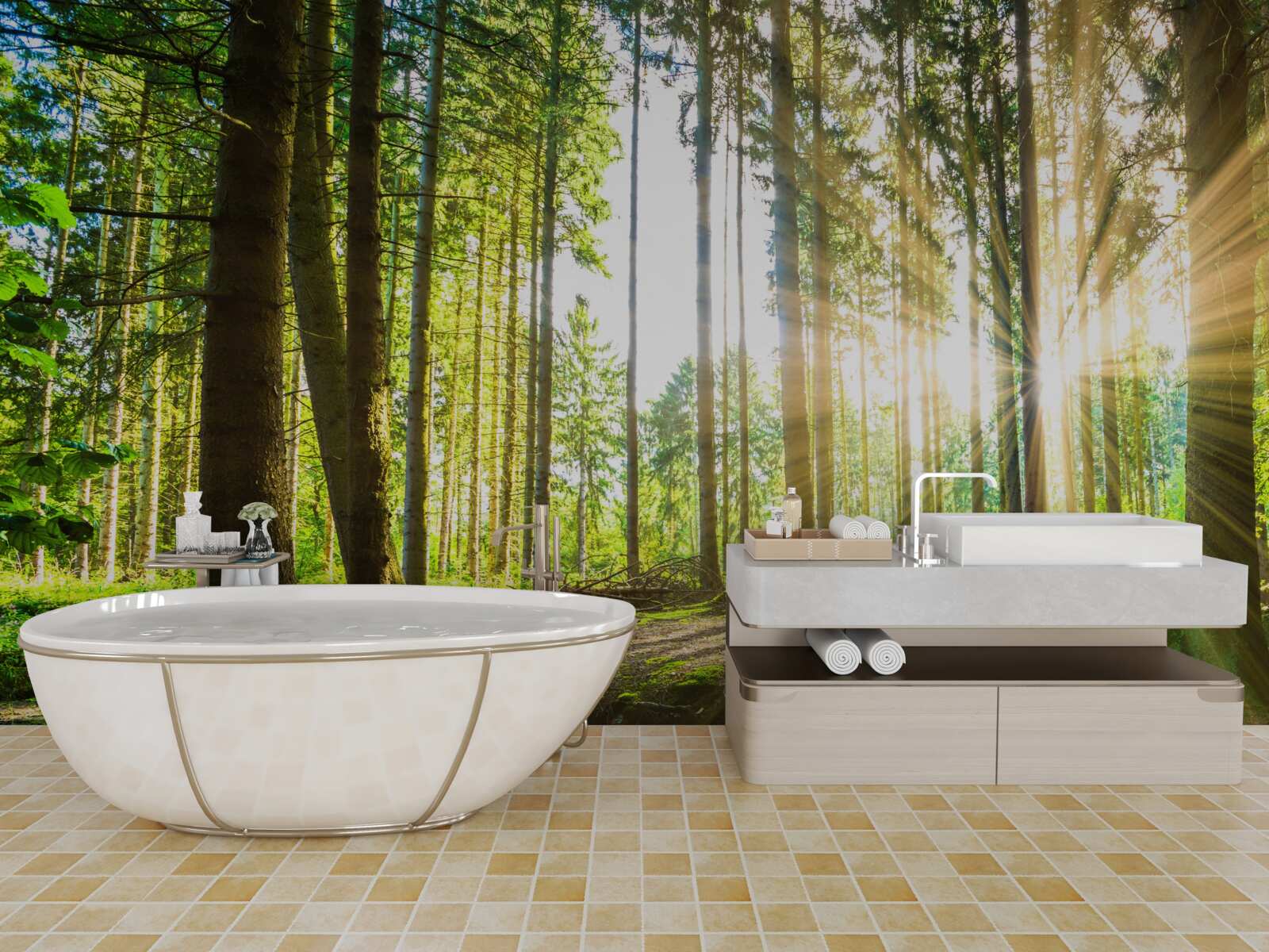 Papier peint les rayons du soleil pénètrent entre les grands arbres