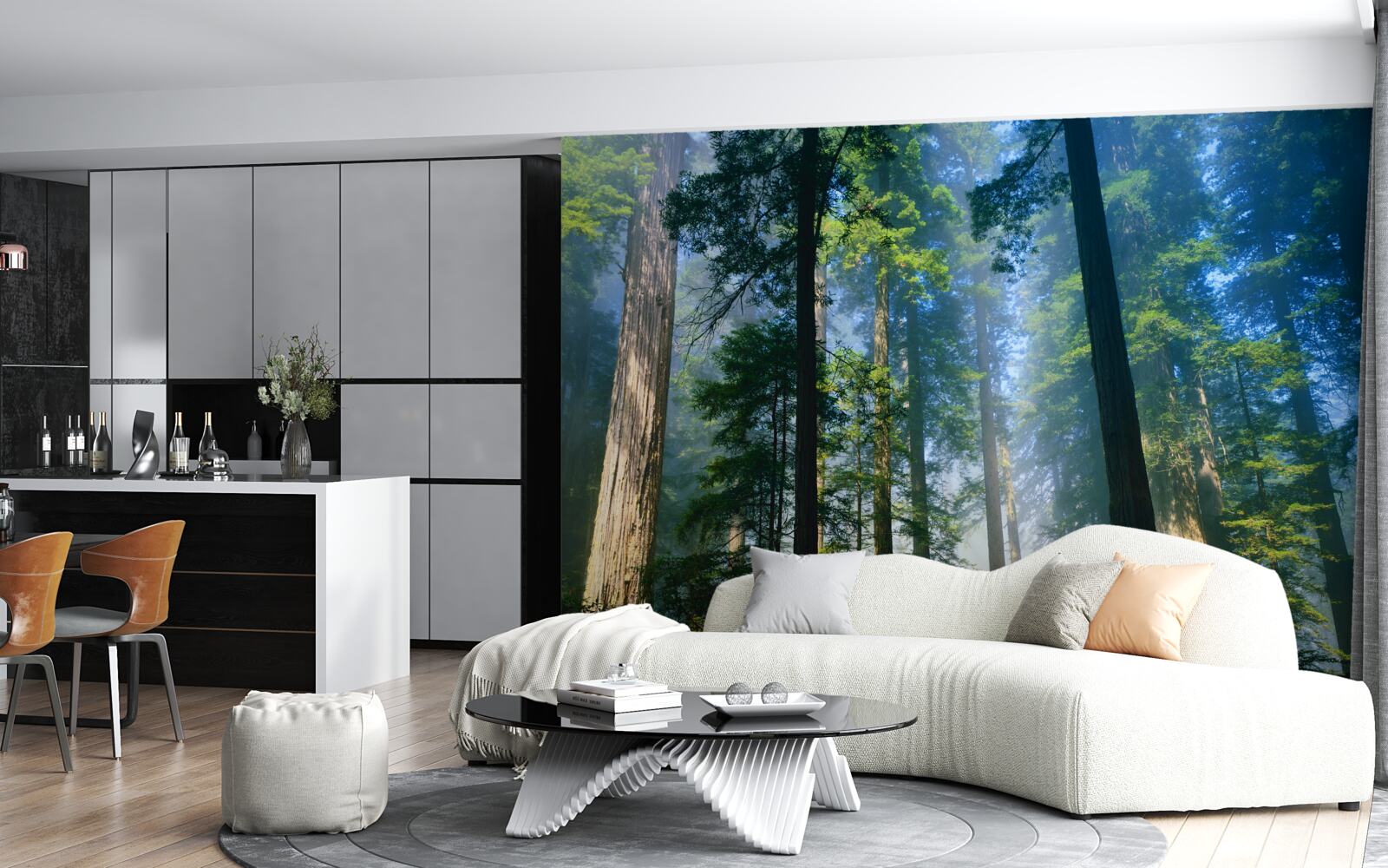 Papier peint fine couverture brumeuse entre les grands arbres de la forêt