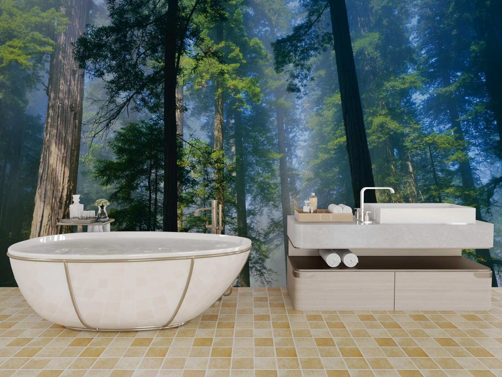 Papier peint fine couverture brumeuse entre les grands arbres de la forêt