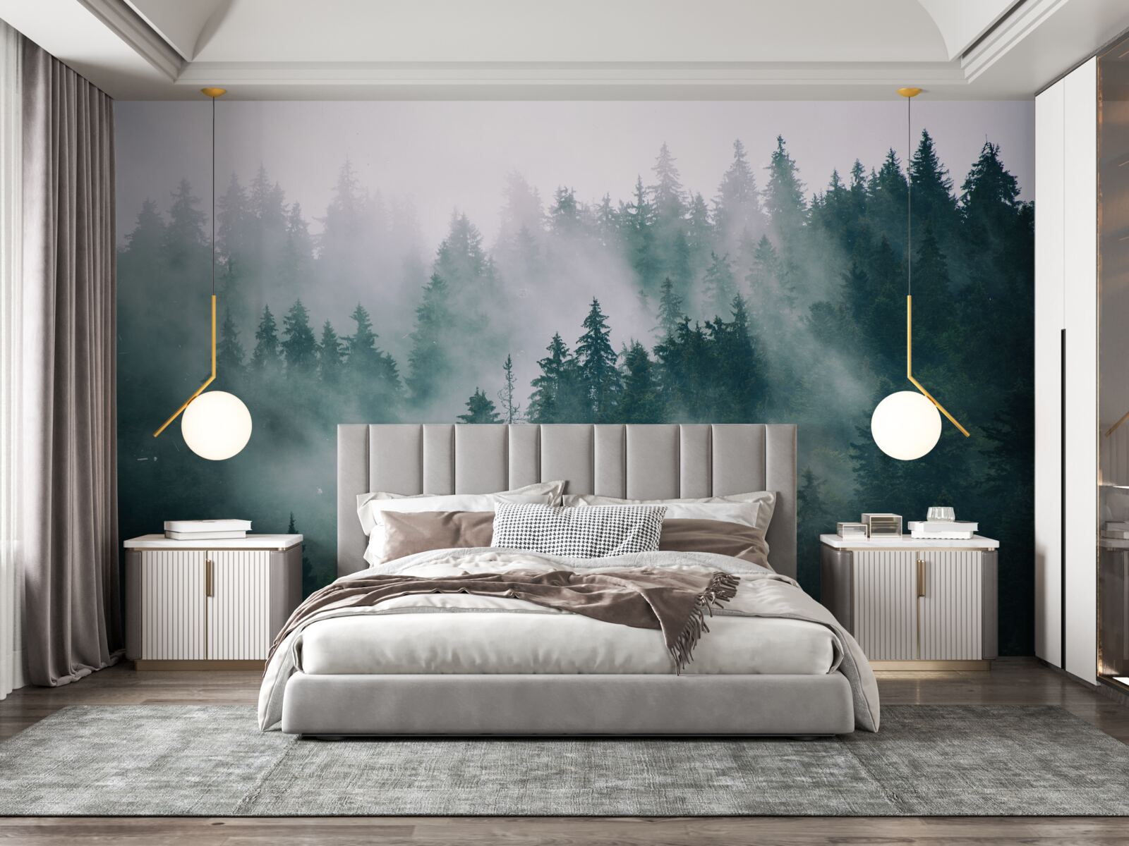 Papier peint heure matinale brumeuse dans une forêt de conifères